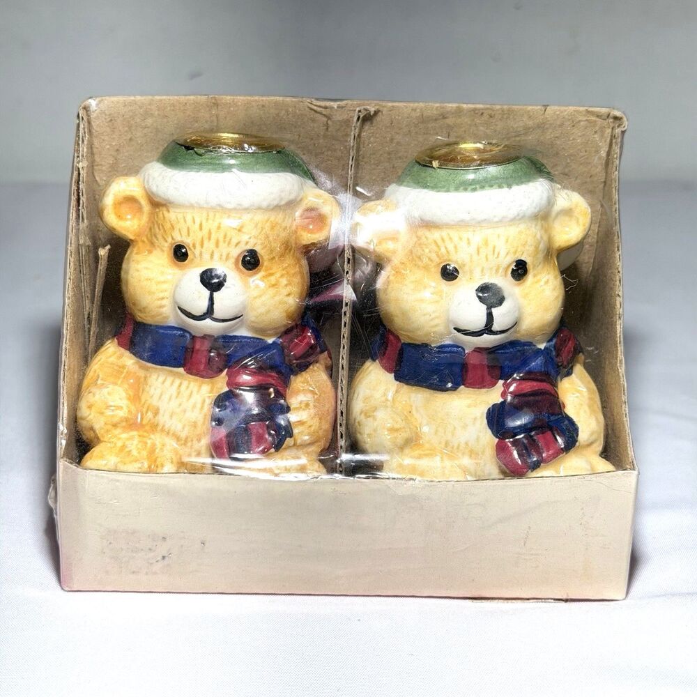 Vintage Ceramic Christmas Bear Candle Stick Holders Set